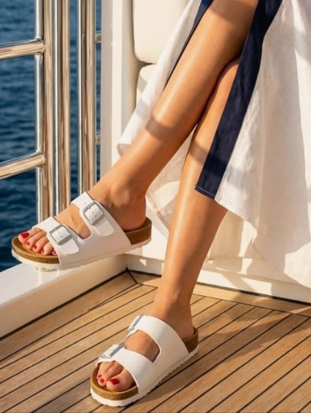 Cushionaire SZ6.5 White Lane Cork Footbed Double Buckle Strap Sandals